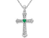 1/8 Carat (ctw) Lab-Created Emerald Cross Pendant Necklace 14K White Gold with Lab Created Diamonds